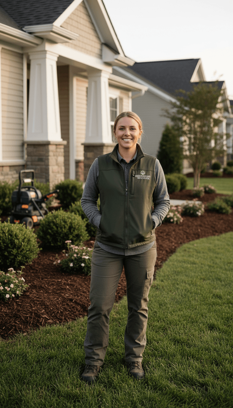Confident female property care contractor standing in front of completed residential home with manicured landscaping and fresh seasonal preparations