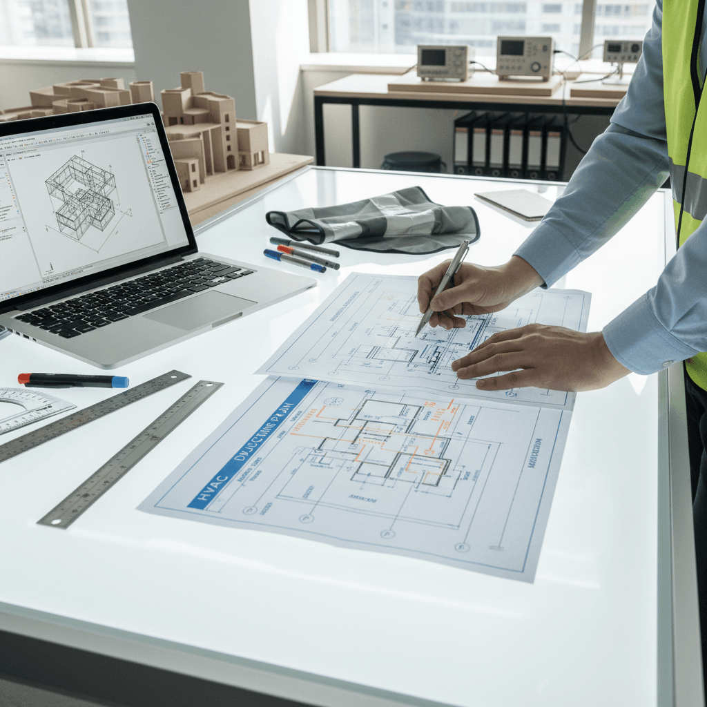 Energy Building team reviewing HVAC design drawings